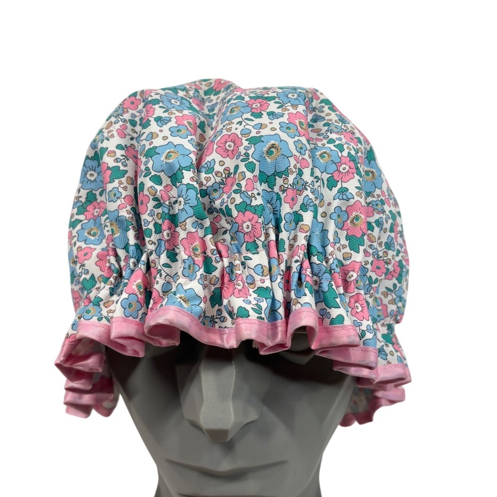 The Vintage Cosmetic Company Floral Shower Cap Pink Blue Ruffle Waterproof